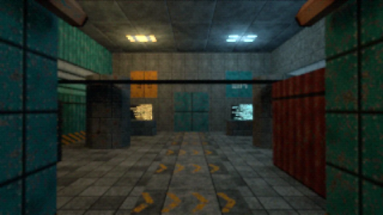 A refinery corridor in Blender built from Sodium Works textures: teal hull panels, oxblood doors, amber markings and terminals