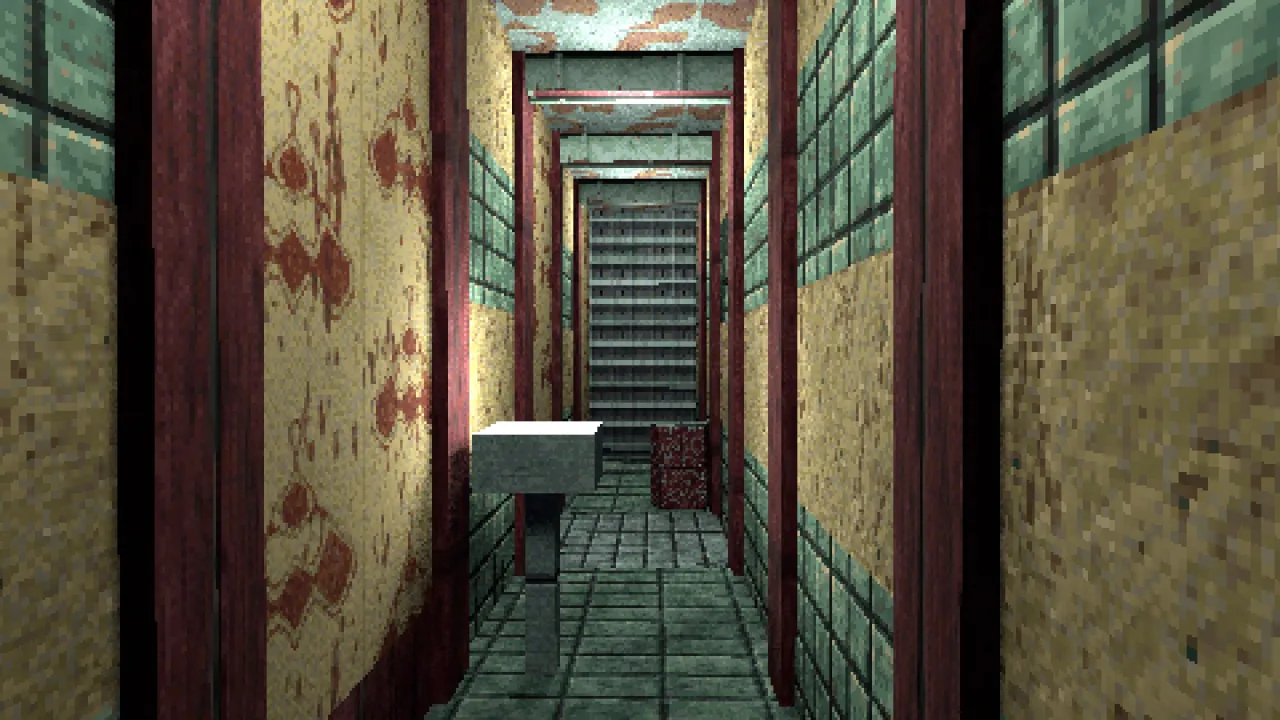 A hospital corridor from the kit seen at eye level: tiled and wallpapered walls, pipe beams, a ward lamp, a drum and a mesh screen at the end