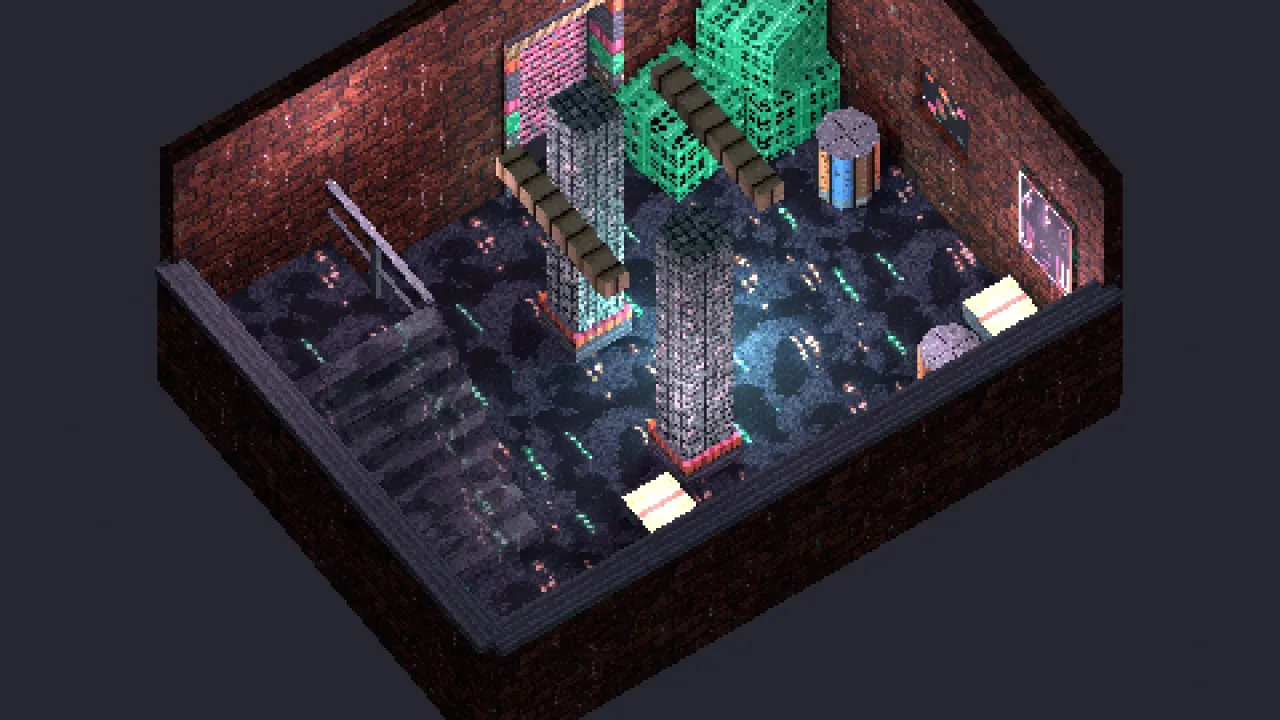 A cutaway market stall built from the Rainlight Lanes kit: wet asphalt, brick and shopfront walls, crates, gas canisters, neon signs and paper lanterns