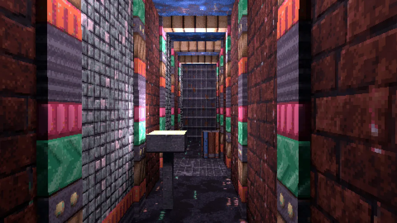 A night-market alley from the kit seen at eye level: brick and shopfront walls, bamboo beams, a paper lantern, a gas canister and a mesh cage at the end