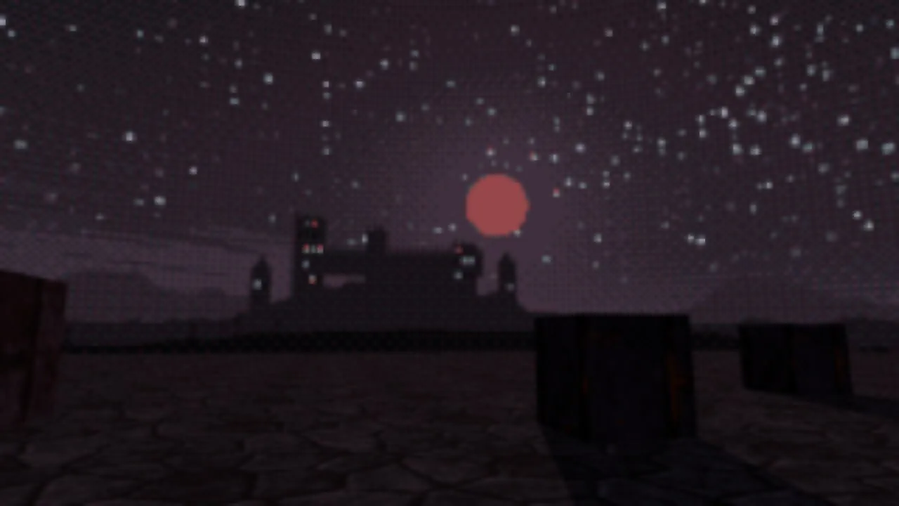 A Blender scene under the Cindervault sky Wine Moon: a red moon and stars over the silhouette of a keep, with dark blocks on flagstones