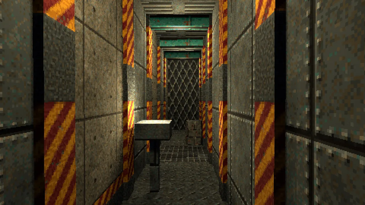 A factory corridor from the kit seen at eye level: hull panels and hazard bands, pipe beams, a caged lamp, a tank and a mesh screen at the end