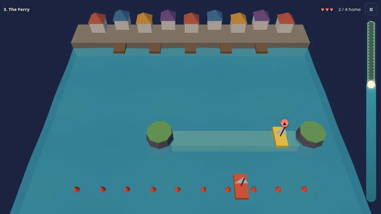 Moonpull in play: a harbour diorama with a sandbar between two islets, a boat waiting for high water and a warning marker over it