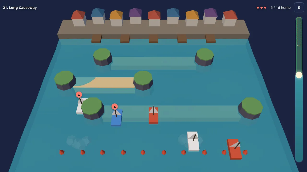 Moonpull level 21, Long Causeway: three causeways, several boats and villagers at once