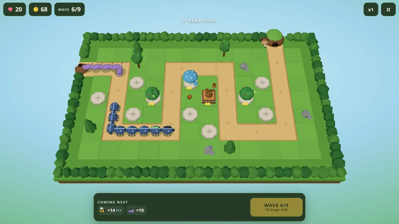 Hedgehold in play: a low-poly garden with a winding path, beetles marching toward the hedgehog's burrow and towers on stone pads