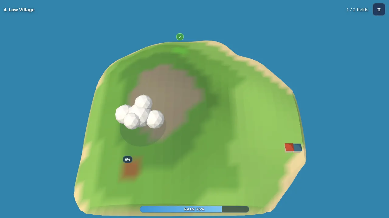 Rainherd island 4, Low Village: the cloud over a hill, one field watered and one still dry