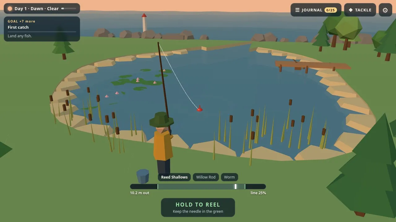 Lullfin at dawn: an angler on a low-poly lakeshore reeling in, the tension needle in the green band