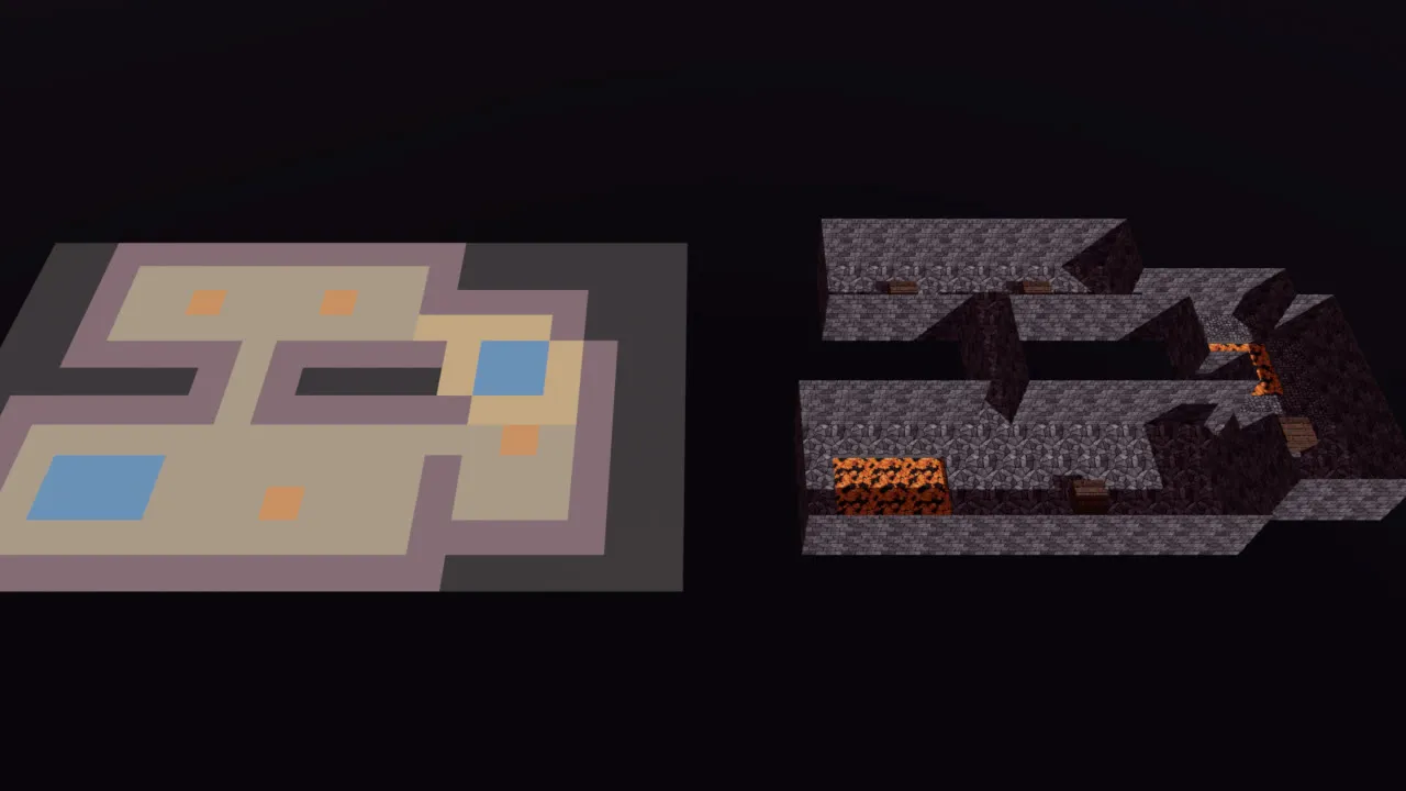 The painted grid next to the level built from it: floors, walls, pools and props