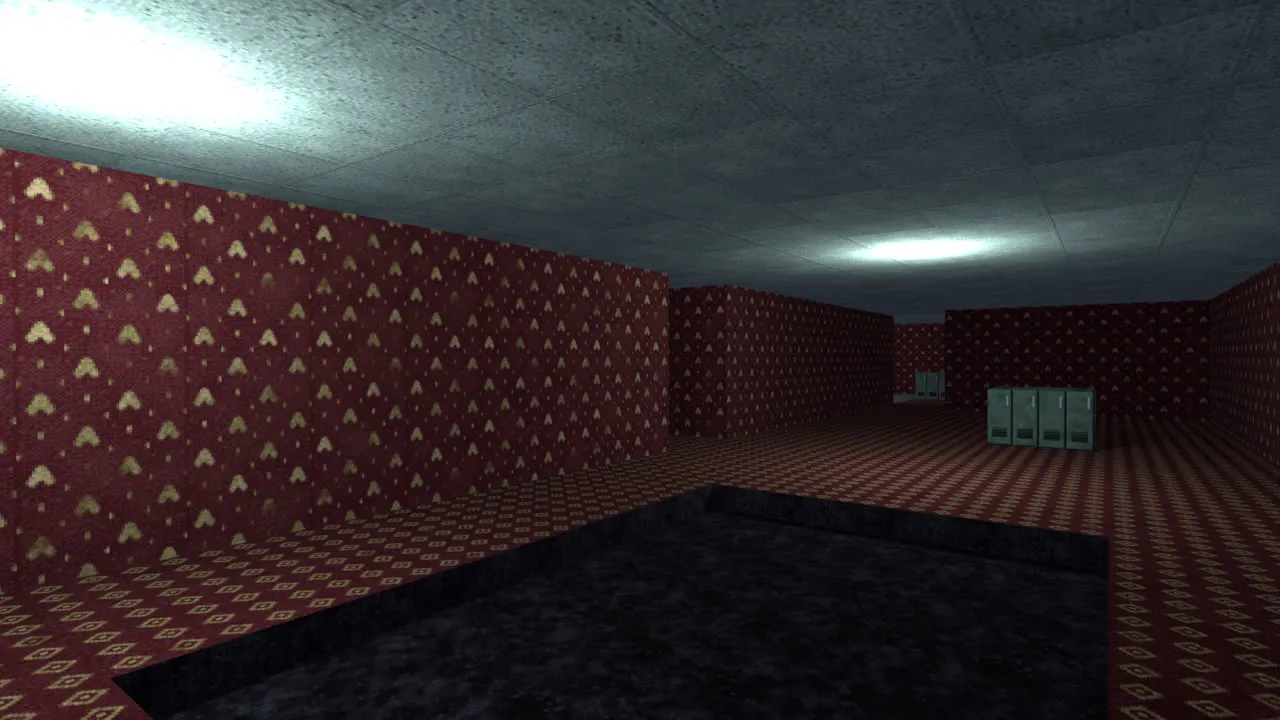 An indoor level with a ceiling, built with the Vigil Ward textures: wallpaper, carpet and a dark pool
