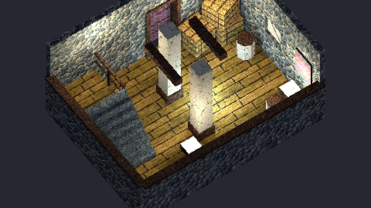 A cutaway cottage room built from the Fenmoor Hamlet kit: plank floor, stone and limewash walls, pillars, stairs to a platform, a pond, hay bales, a birch stump and lanterns