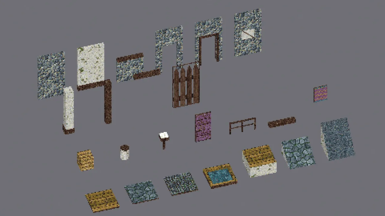 All 25 pieces of the kit side by side: floors, pool, platform, ramp and stairs in front, props and edge pieces in the middle, walls at the back