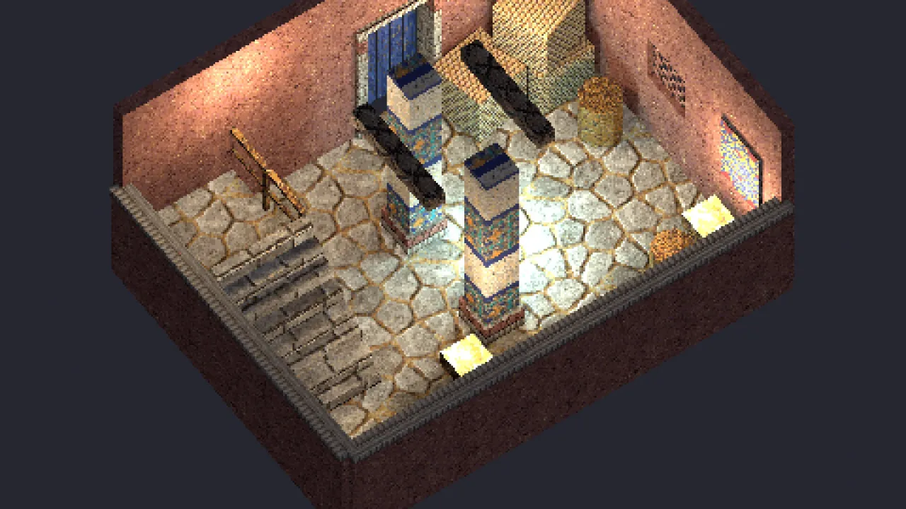 A cutaway caravanserai room built from the Dunewell kit: flagstone floor, adobe and mosaic walls, tiled pillars, stairs to a platform, a fountain pool, baskets, a brass urn and pierced lanterns