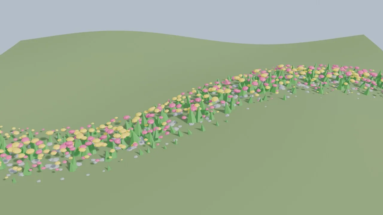 A winding stroke of flowers, grass tufts and pebbles scattered where a vertex group was painted, thinning at the soft edges