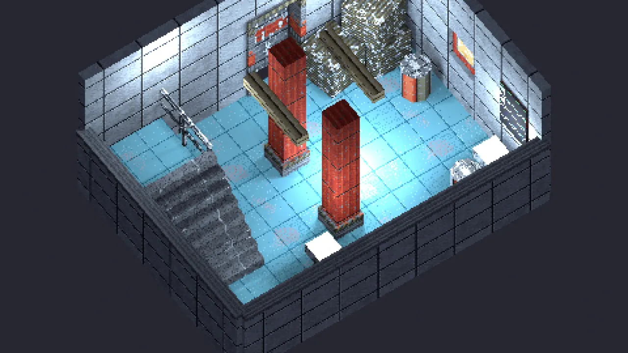 A cutaway station room built from the Rimewatch kit: icy vinyl floor, lab panel walls, vermilion pillars, stairs, a container, a fuel drum, beacon lamps and a monitor