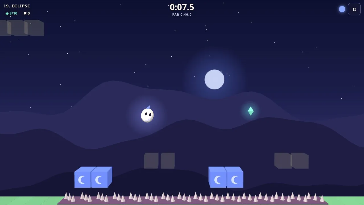 A later Halfglow level with moon blocks over spikes and a gem to collect