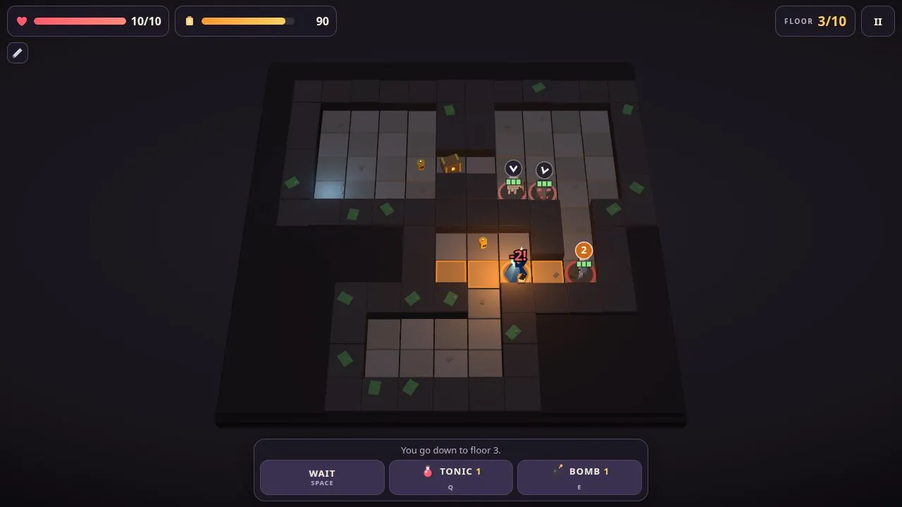 Lampdeep in play: a lamp-lit room on floor 3 with enemies and their intent badges