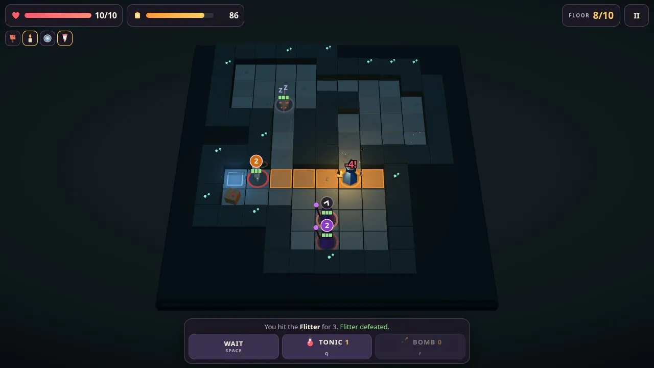 A deeper Lampdeep floor with danger tiles marking an enemy's strike