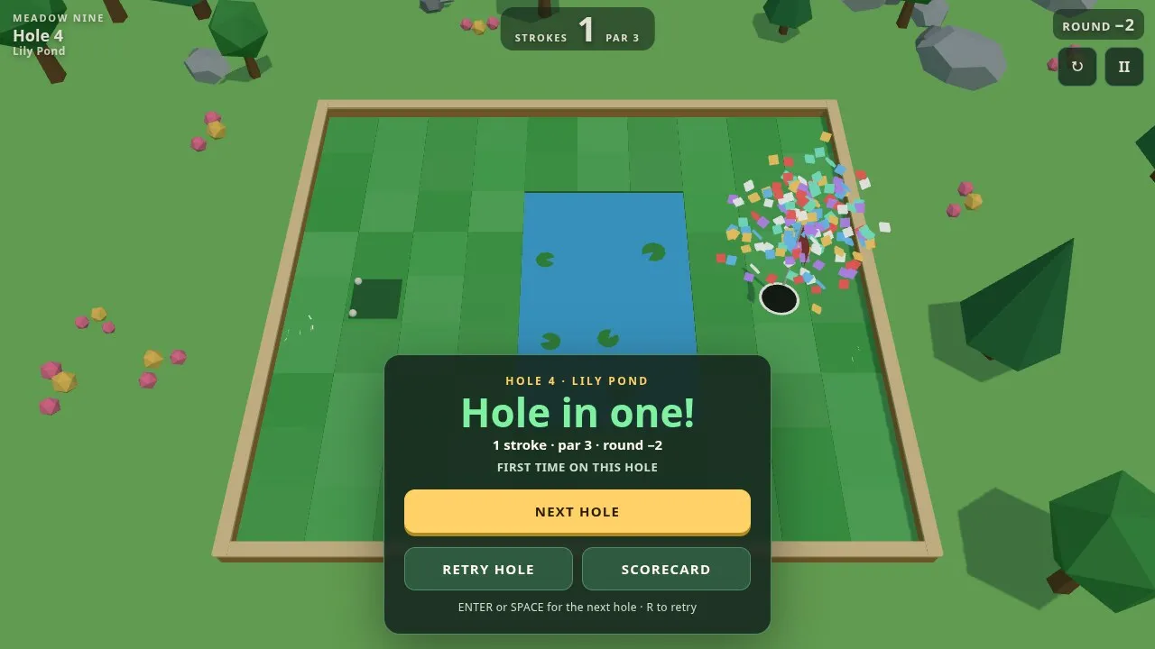 A hole in one beside a lily pond, with the next-hole panel