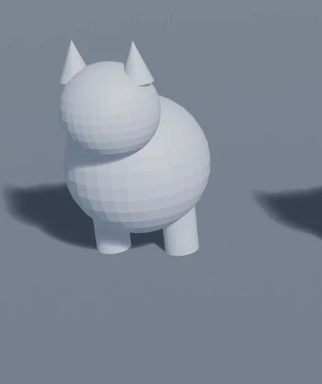 A toy figure built from separate primitives: spheres for body and head, cones for ears, cylinders for legs