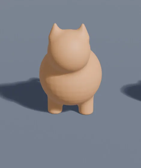 The same figure melded into one smooth clay-coloured mesh with rounded seams at the neck, ears and legs