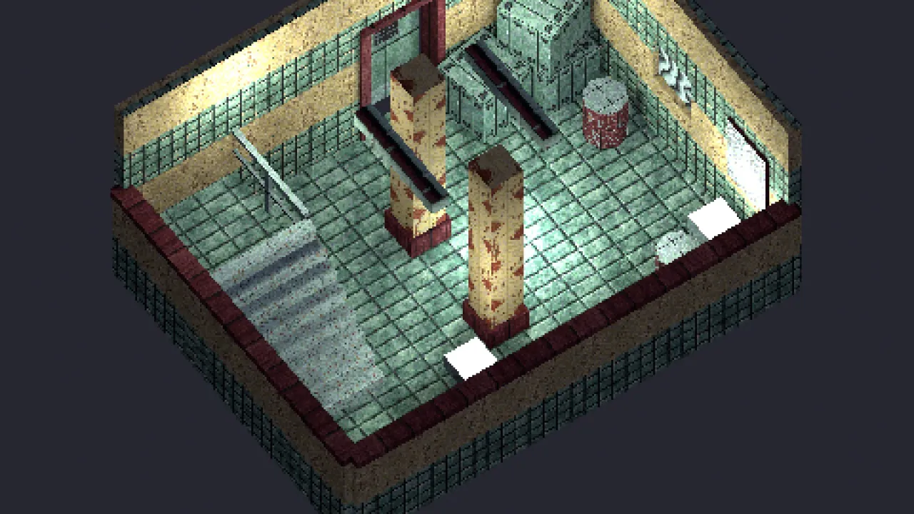 A cutaway hospital room built from the Vigil Ward kit: ward-tile floor, half-tiled walls, stained pillars, stairs to a platform, a flooded pit, lockers, a rusty drum and ward lamps
