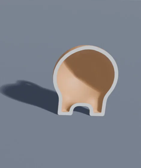 The melded figure hollowed into a thin shell and cut open, showing an even wall all round
