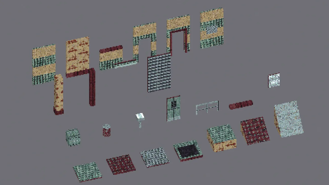 All 25 pieces of the kit side by side: floors, pool, platform, ramp and stairs in front, props and edge pieces in the middle, walls at the back
