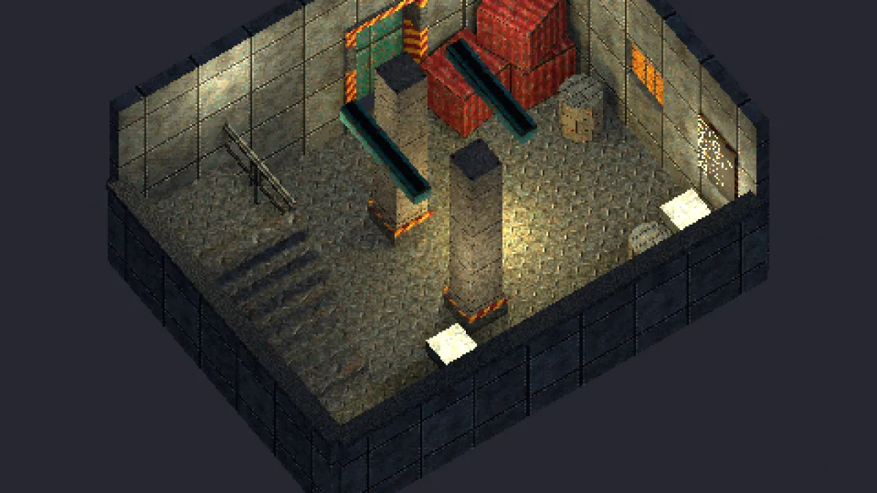 A cutaway factory room built from the Sodium Works kit: tread-plate floor, hull-panel walls, concrete pillars, stairs to a platform, a glowing sodium vat, containers, a tank and caged lamps