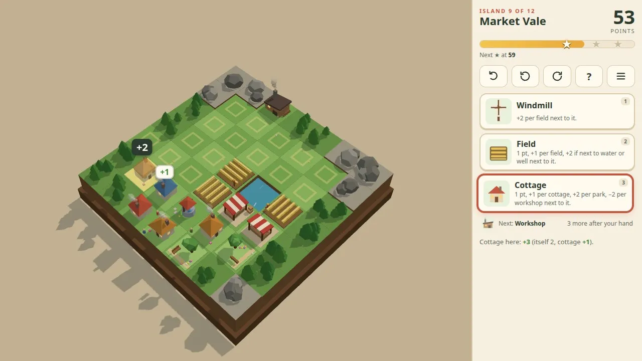 A busier Snugholm island with a market, windmills and fields