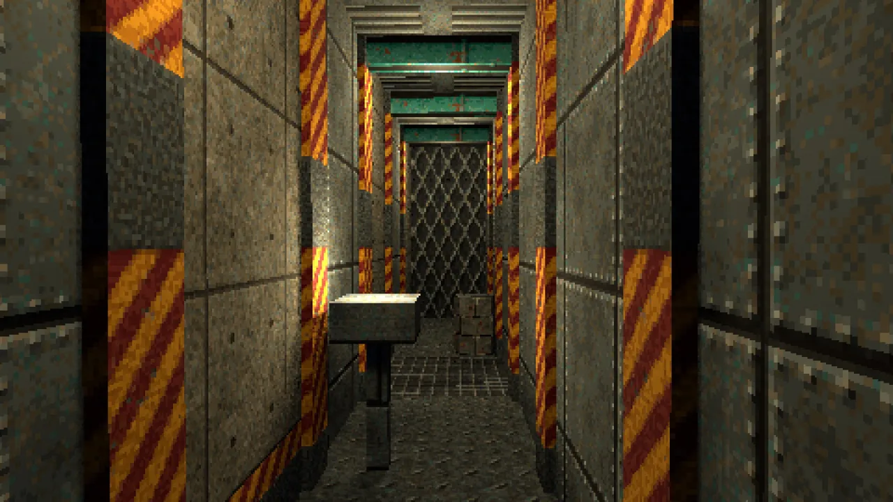 A factory corridor from the kit seen at eye level: hull panels and hazard bands, pipe beams, a caged lamp, a tank and a mesh screen at the end
