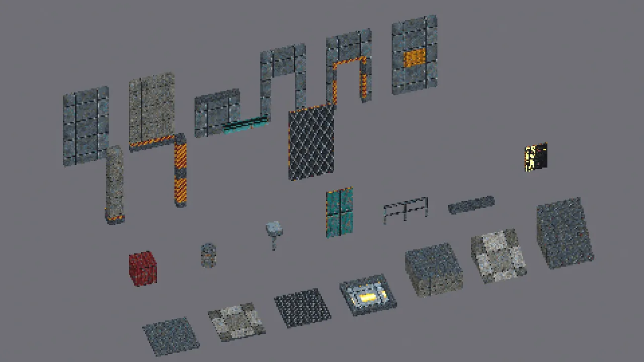 All 25 pieces of the kit side by side: floors, pool, platform, ramp and stairs in front, props and edge pieces in the middle, walls at the back