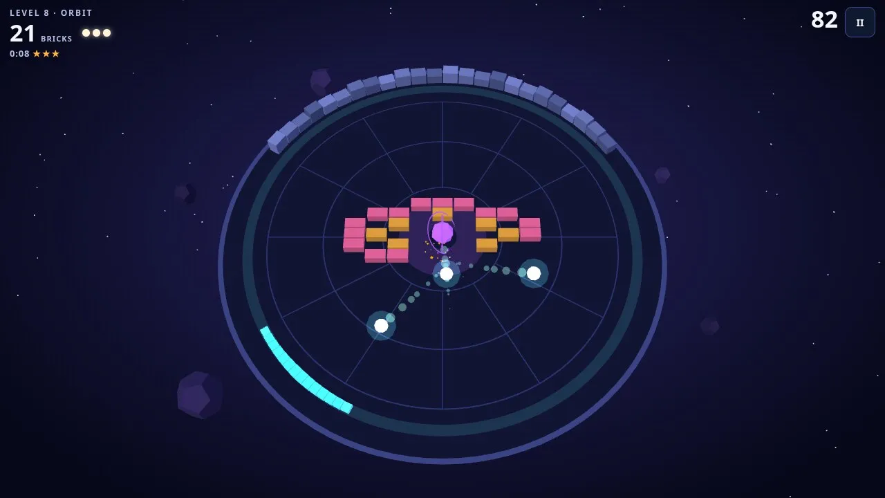 Haloclast in play: bricks in the middle of a round arena, a cyan arc paddle on the rim and three balls in flight