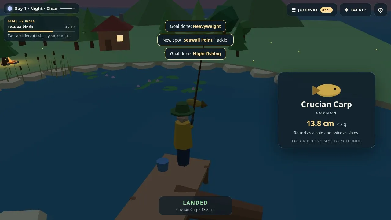 Lullfin at night: a crucian carp landed on the old jetty, with goals completed