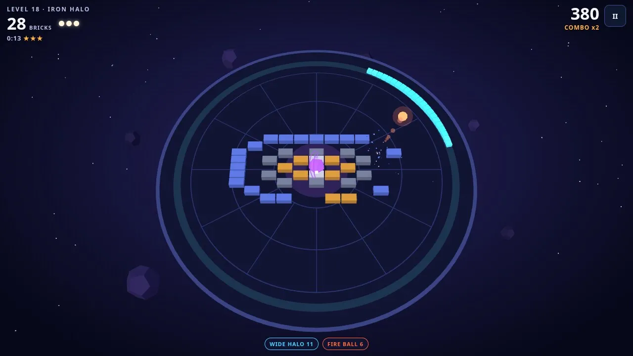 A later Haloclast level with steel bricks, a fire ball and the Wide halo and Fire ball power-ups active