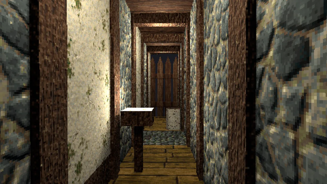 A cottage passage from the kit seen at eye level: stone and limewash walls, oak beams, a lantern, a birch stump and a picket screen at the end