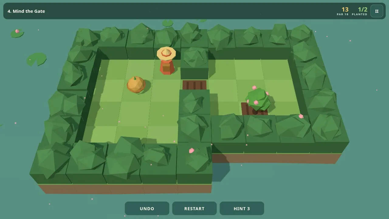 Sowmere in play: a gardener in a straw hat on a hedged island with a seed pod, a soil bed and one sapling already planted