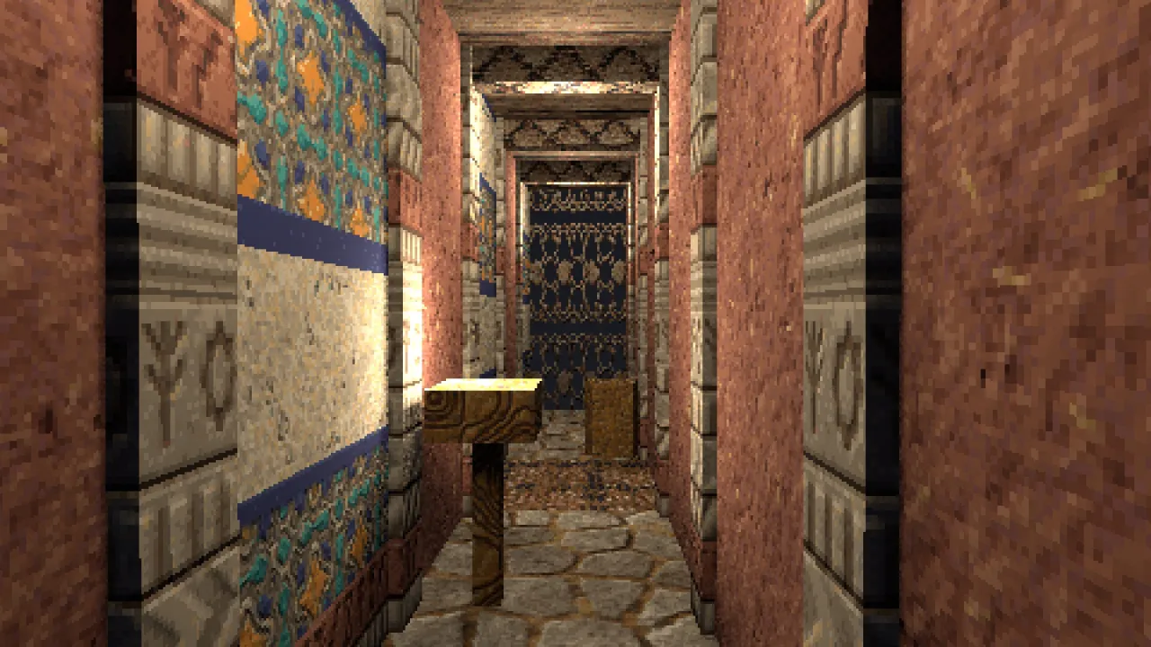 A caravanserai passage from the kit seen at eye level: adobe and mosaic walls, palm beams, a pierced lantern, a brass urn and a lattice screen at the end