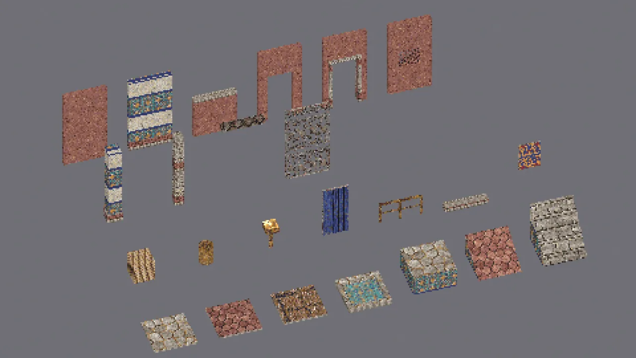 All 25 pieces of the kit side by side: floors, pool, platform, ramp and stairs in front, props and edge pieces in the middle, walls at the back