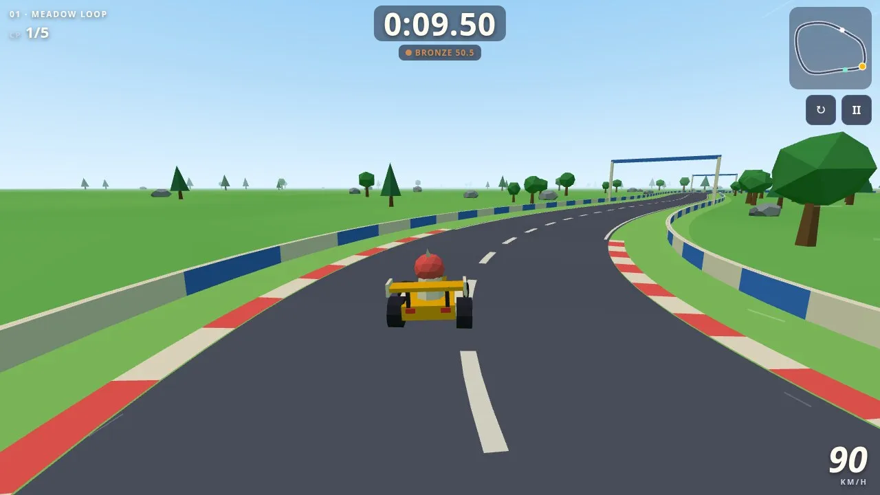 Skidlark in play: a small kart on a green meadow track with red and white kerbs and a minimap