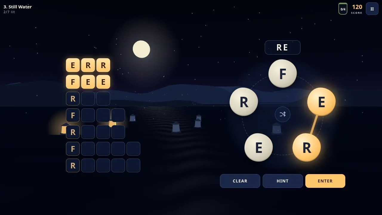 Glyphmere in play: a ring of glowing letter stones beside a list of lantern words under a moon