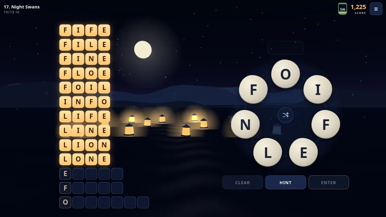 A Glyphmere puzzle with many lantern words found and lanterns lit on the lake