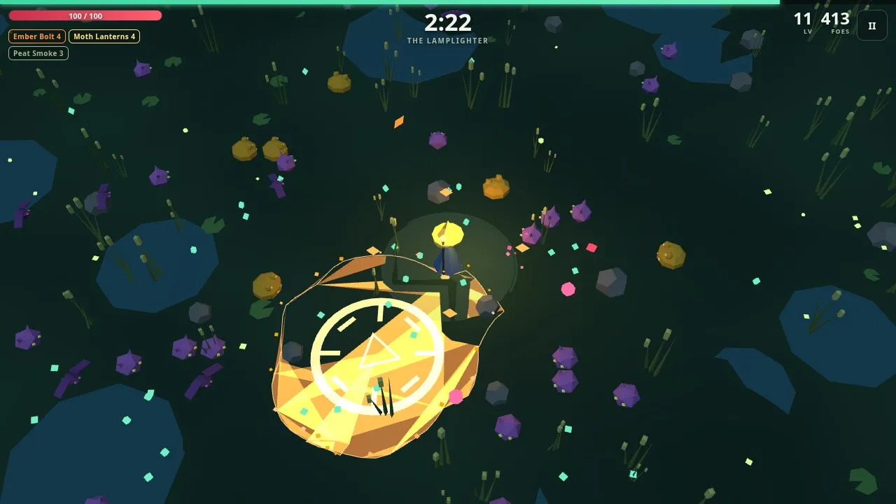Halfglow in play: a small lantern spirit beside moon blocks over a row of spikes at night