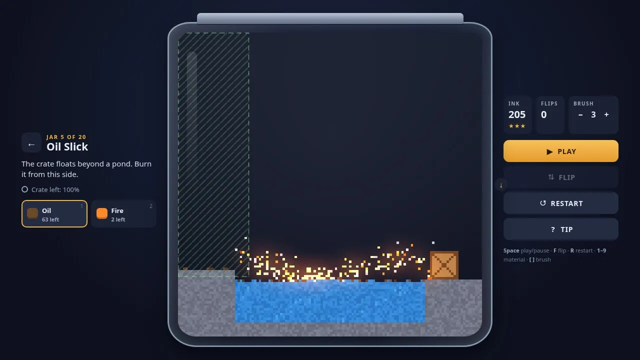 Siftwend in play: burning oil spreading across a pond towards a crate in a glass jar, with the oil and fire palette beside it