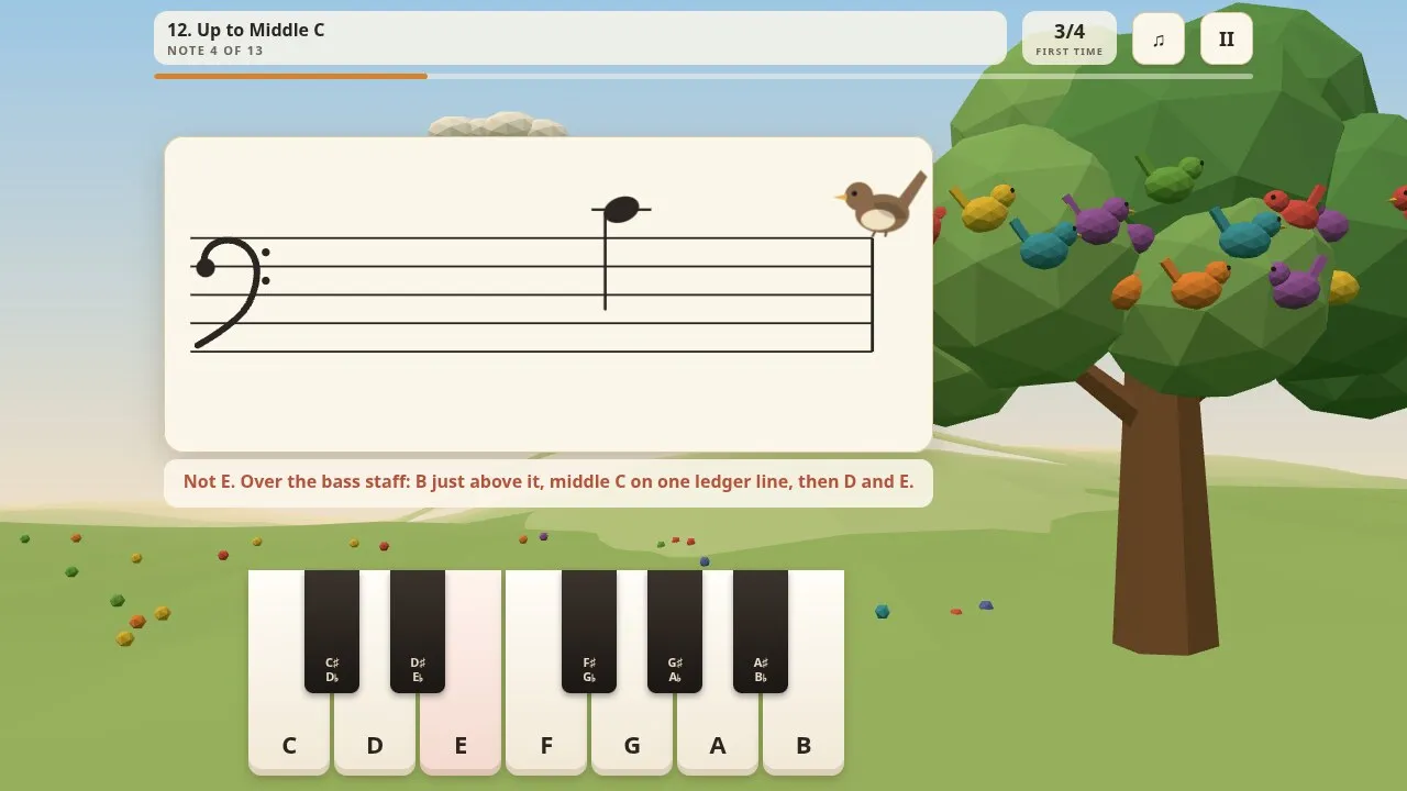 A Wrenbough stage in the bass clef with middle C on a ledger line and a hint after a wrong key