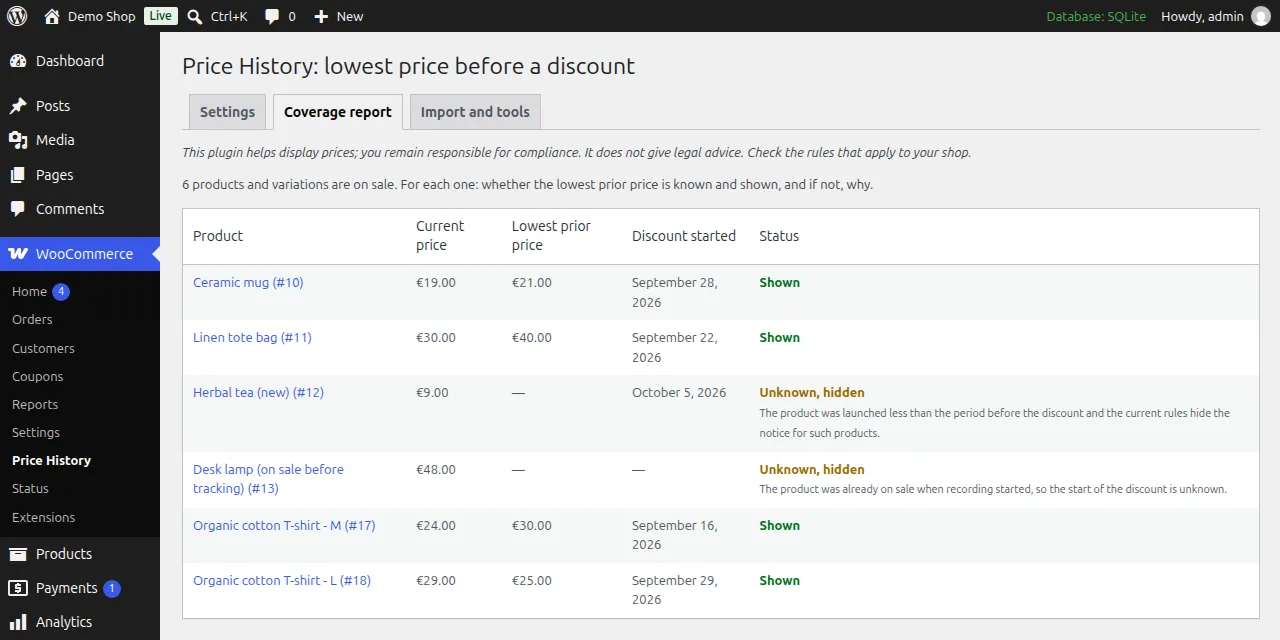 Coverage report listing products on sale with their lowest prior price or the reason it is hidden