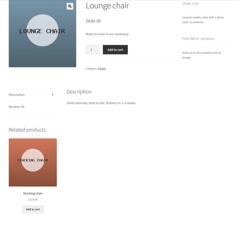 A chair product page in the Storefront theme with chair care and fabric sample widgets in the sidebar
