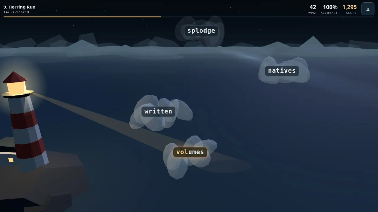 A faster Haarwick stage with longer words and live words per minute and accuracy