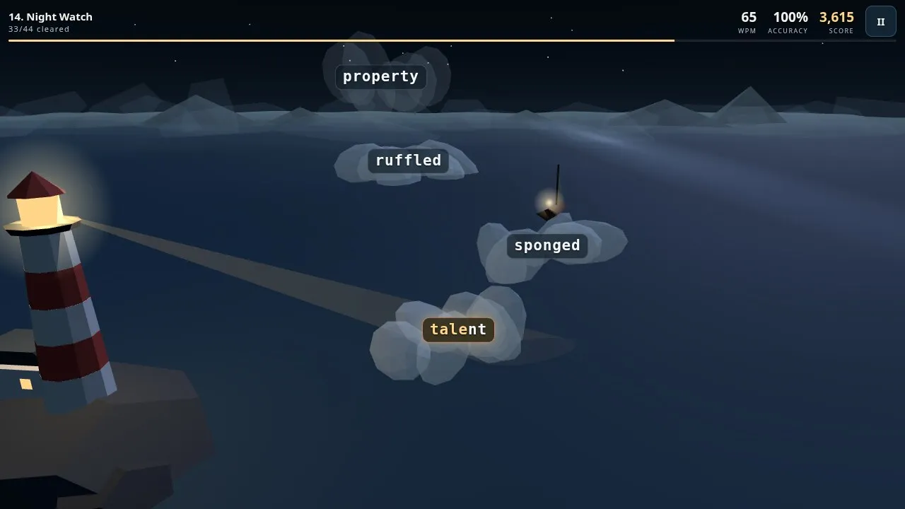 A late Haarwick stage at night with several fog words around the beam