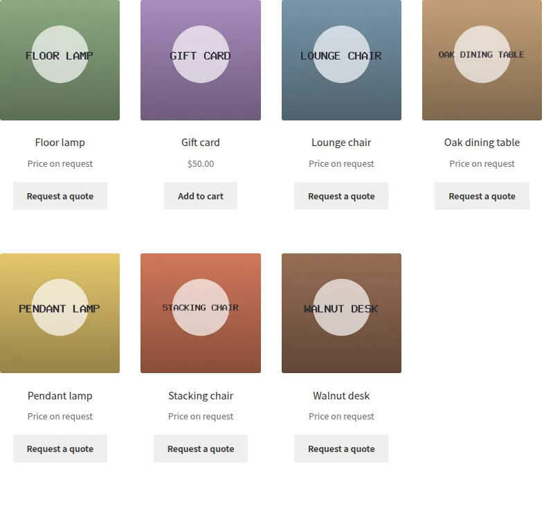 Shop page with "Request a quote" buttons, and a gift card that is still sold normally