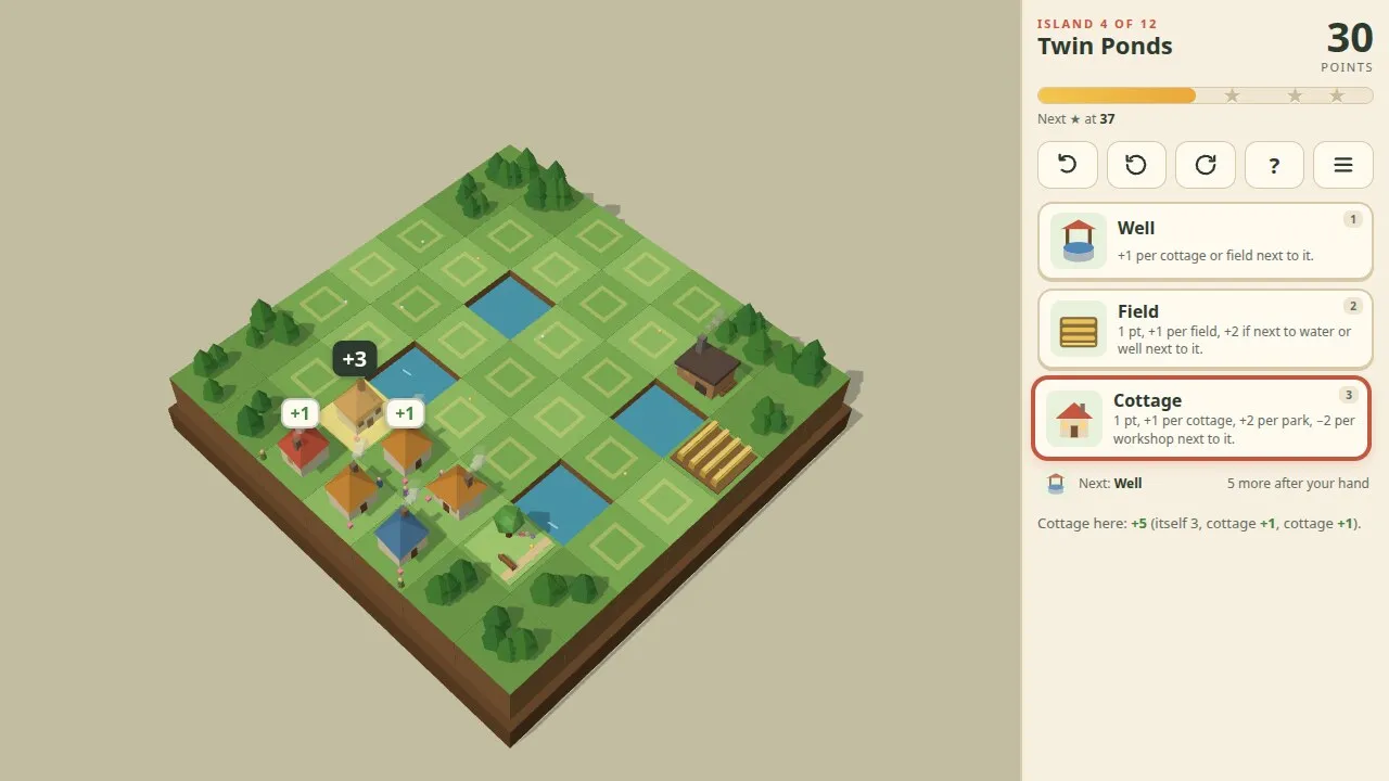 Snugholm in play: a small island with cottages, fields and ponds, the hand of building cards and score previews on the board